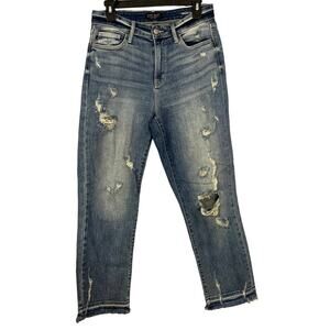 Judy Blue Distressed Destroyed Mid Rise Straight Fit Sz 5 / 27 Medium Wash EUC
